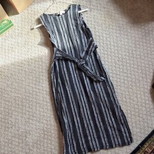 LOFT Black and Gray Striped Midi Dress